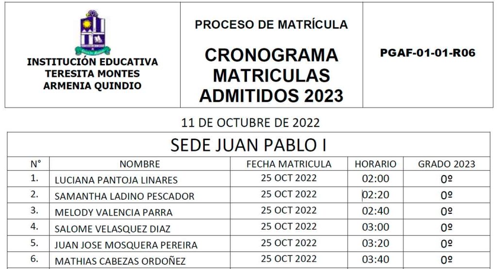 Cronograma de Matrículas 2023